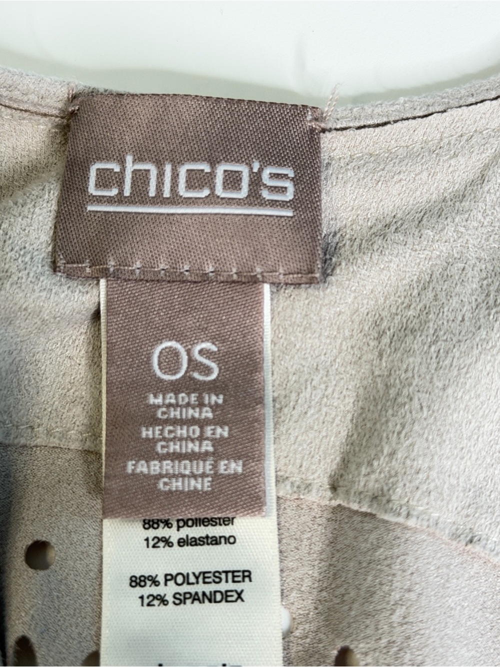 Chicos Taupe Micro Suede Laser Cut Cardigan Shawl Fringe Tan One Size - Picture 5 of 7